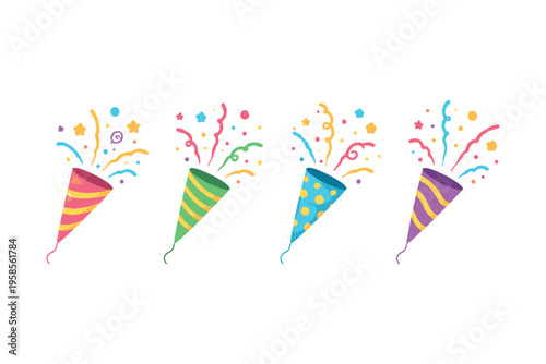 Four colorful party poppers exploding with confetti and streamers for celebrations