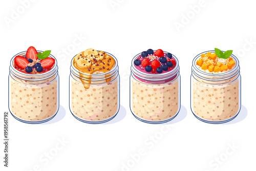 Four delicious jars of overnight oats with various fruit toppings and drizzles