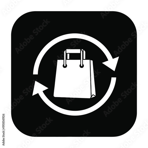 Shopping bag return icon with circular arrows on black background and white border