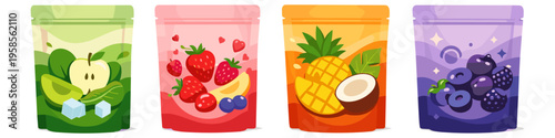 Assortment of colorful smoothie ingredient pouches with fresh fruits and greens