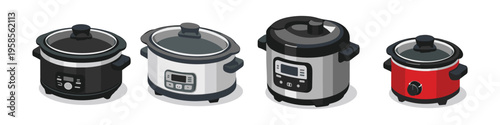 Collection of four different slow cookers and pressure cookers in various colors