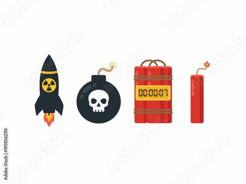 Nuclear missile and explosive weapon icon set on white background