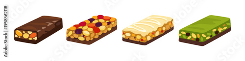 Assortment of four delicious and healthy granola bars with various toppings and flavors