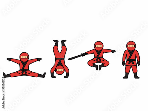 Red Ninja Character Set with Acrobatics and Sword Illustration