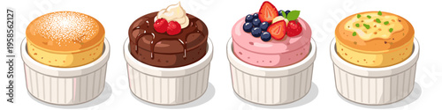 Four delicious soufflés in ramekins, showcasing sweet and savory flavors