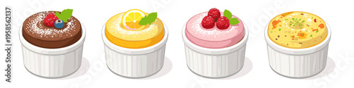Four delicious individual soufflés in ramekins, a sweet dessert assortment