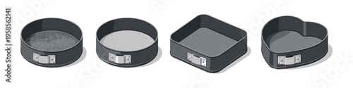 Collection of four different shaped springform cake pans for baking