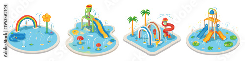 Vector illustration of colorful water park attractions for children's summer fun