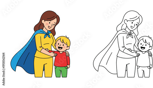  Super Mom Wearing Cape Hugging Her Son Vector Illustration and Black and White Line Art Coloring Page Design for Kids and Family Projects