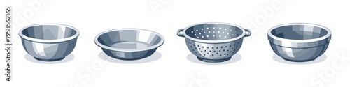 Collection of four metallic kitchen bowls and colander on a white background