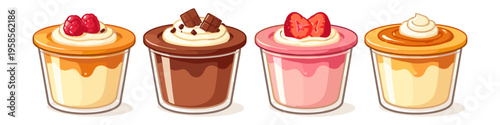 Four delicious desserts in glass cups with fruit and chocolate toppings