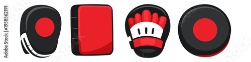 Collection of martial arts training pads and mitts for combat sports