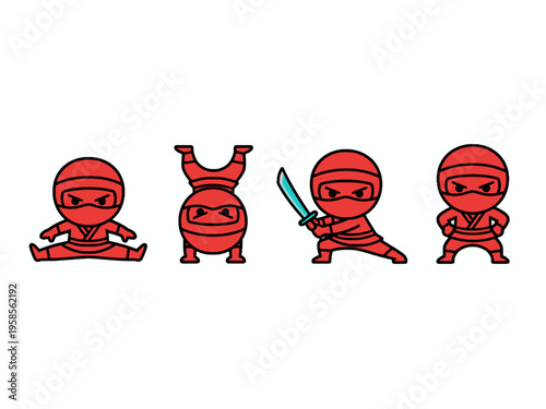 Red Ninja Cartoon Characters Set in Various Action Poses