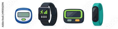 Collection of modern fitness trackers and pedometers for health monitoring