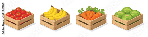 Four wooden crates filled with fresh produce: tomatoes, bananas, carrots, and cabbage