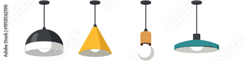 Collection of four modern pendant light fixtures in various styles and colors