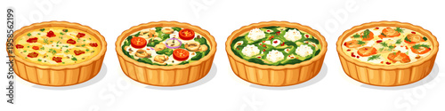 Four delicious quiches with different fillings displayed in a row