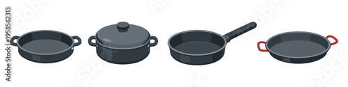 Collection of four dark gray cooking pots and pans in isometric view