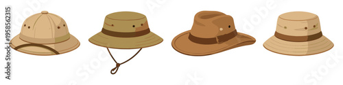 Collection of four distinct safari and adventure hats for outdoor exploration