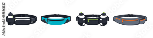 Collection of four different running waist bags with water bottle holders and pockets
