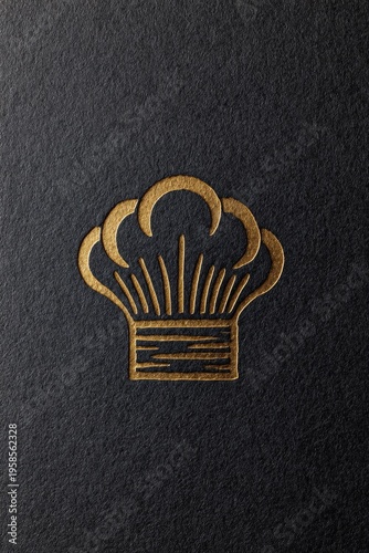 Elegant chef hat logo embossed on a dark textured background, symbolizing culinary excellence
