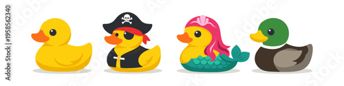 Cute rubber ducks dressed as a pirate, mermaid, and a mallard duck
