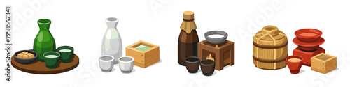 Collection of traditional Japanese sake serving vessels and brewing equipment