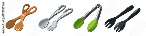 Collection of four different serving utensil sets for salad and food preparation