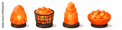 Himalayan salt lamps and decorative salt chunks in various containers
