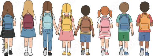 Diverse group of primary school children with backpacks walking away seen from back view for education school starting and childhood friendship flat line art vector