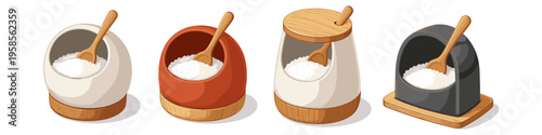 Collection of four different salt cellars with wooden spoons and white crystals