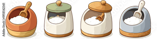 Collection of four cartoon-style containers with white granular ingredients and scoops