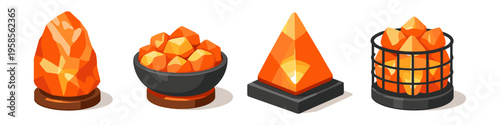Collection of stylized Himalayan salt lamps and decorative elements