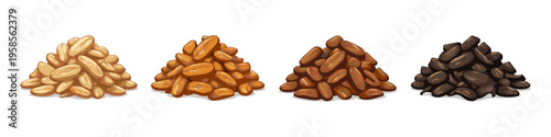 Four piles of dried fruits and nuts showing different stages of processing