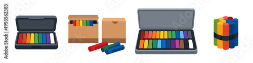 Collection of colorful chalk pastels in various packaging and arrangements