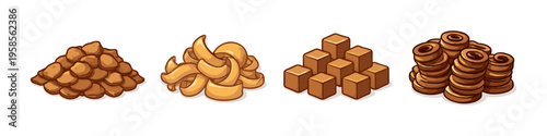 Four piles of assorted brown candies and sweets in cartoon style