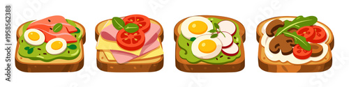 Four delicious and healthy open-faced sandwiches with various toppings