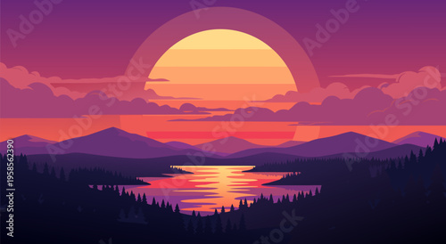 Vector illustration of a vibrant sunset over a calm lake, with silhouetted trees and mountains in the distance