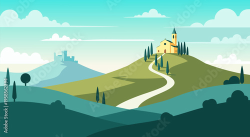 Vector illustration of a charming Italian landscape featuring rolling hills, a picturesque village, and a medieval castle in the distance