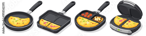 Various omelet pans and a sandwich maker cooking breakfast meals
