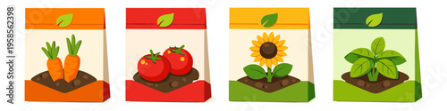 Collection of seed packets featuring carrots, tomatoes, sunflowers, and basil plants