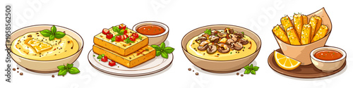 Collection of delicious Italian dishes with fresh herbs and dipping sauces