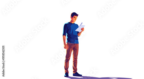 A captivating vector illustration of a young man reading a notebook, bathed in dramatic light and shadow, perfect for creative projects