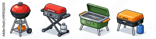 Collection of four distinct portable barbecue grills in isometric view