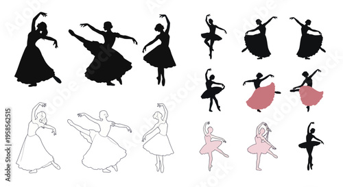 Ballet Dancers Silhouettes and Line Art Poses Collection