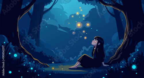 Enchanting Night Forest Scene Vector Illustration of a Young Girl Gazing at Fireflies