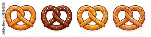 Collection of four cartoon pretzels with different toppings and flavors