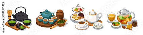 Collection of diverse tea sets and beverages, from matcha to fruit infusions