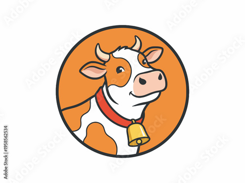 Cow Head Cartoon Logo with Bell in Circular Frame