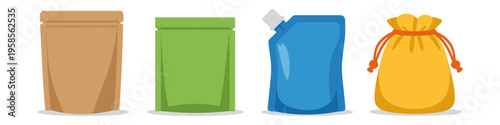 Collection of four different types of packaging pouches and bags